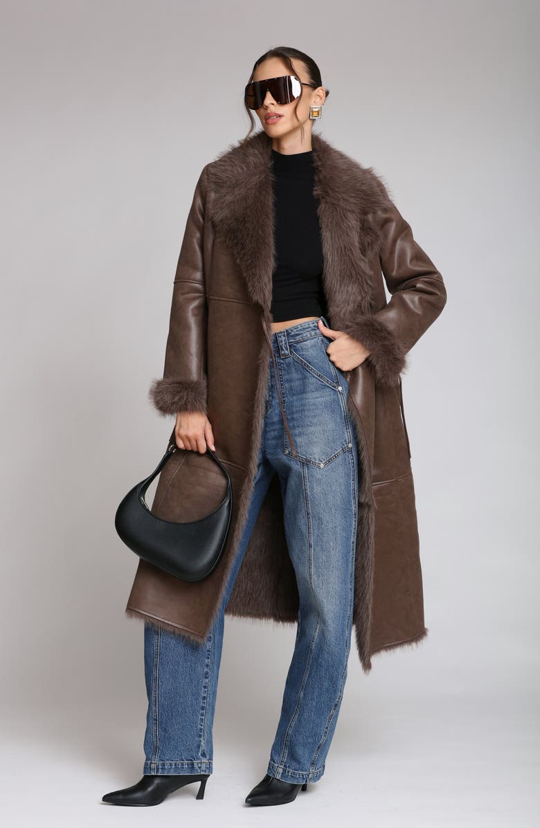 Avec Les Filles Reversible Faux Leather & Faux Fur Wrap Coat, Alternate, color, Chocolate