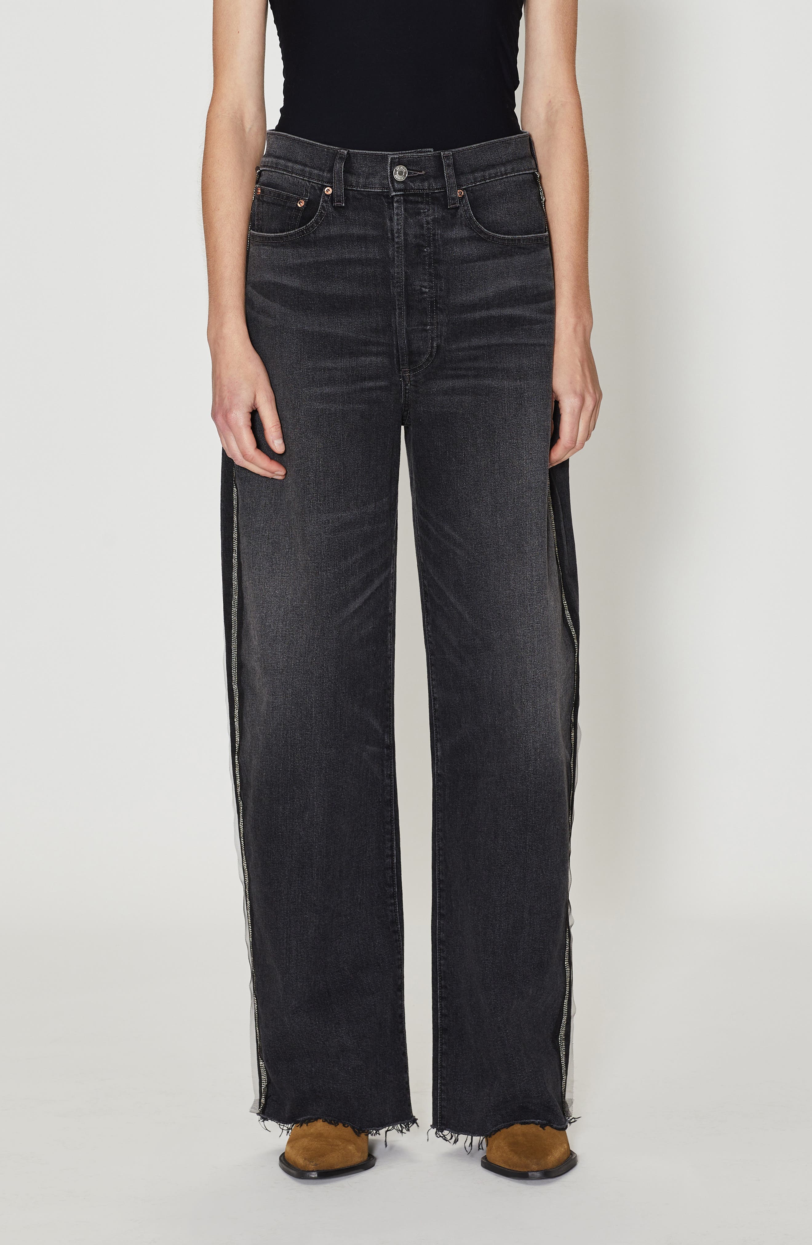 Le Jean Nomad Beaded Tux Stripe Raw Hem High Waist Wide Leg Jeans in Vintage Charcoal 