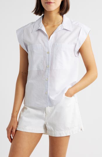 Frame Leisure Seersucker Cotton Cap Sleeve Button-up Shirt In White