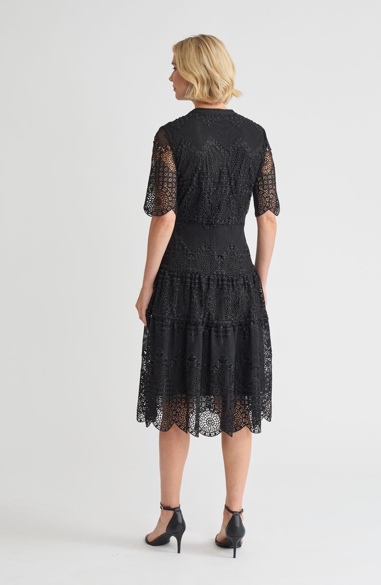 Misook A-Line Tiered Laced Woven Midi Dress, Alternate, color, Black