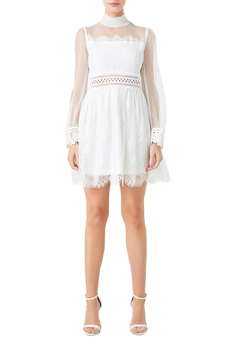 Mixed Lace Long Sleeve Cocktail Dress, Main, color, WHITE