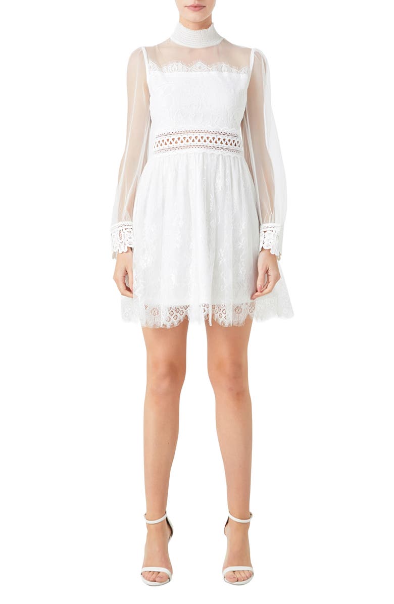 Endless Rose Mixed Lace Long Sleeve Cocktail Dress, Main, color, White