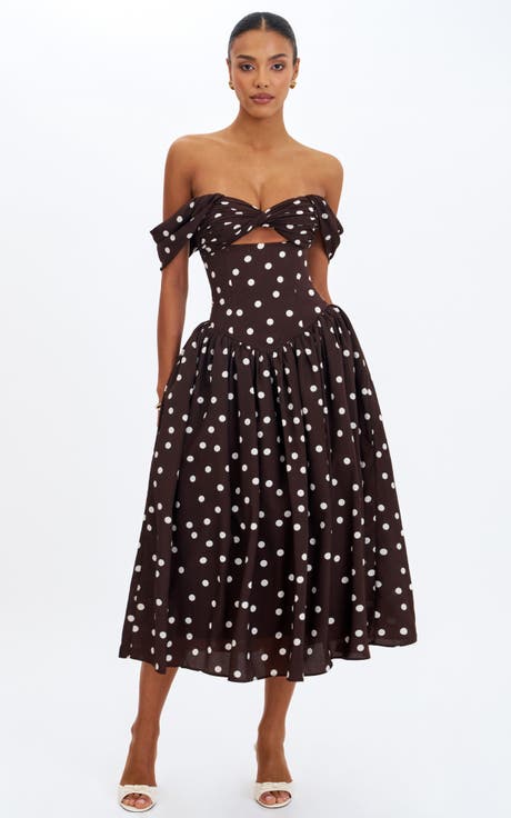 Xandie Polka Dot Off-Shoulder Midi Dress