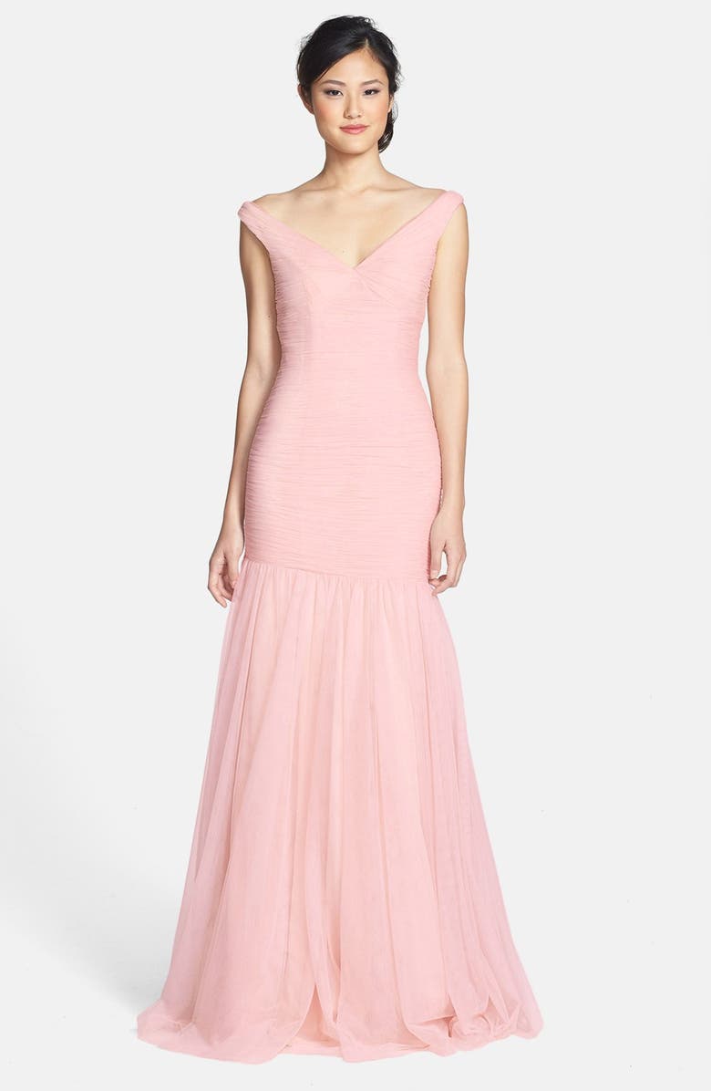 Monique Lhuillier Bridesmaids V-Neck Shirred Tulle Trumpet Dress, Main, color, 