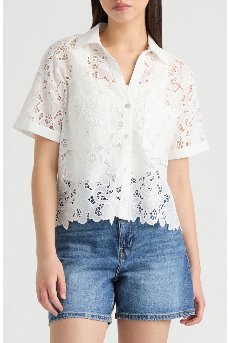 Sheer Cotton Lace Camp Shirt, Main, color, WHITE