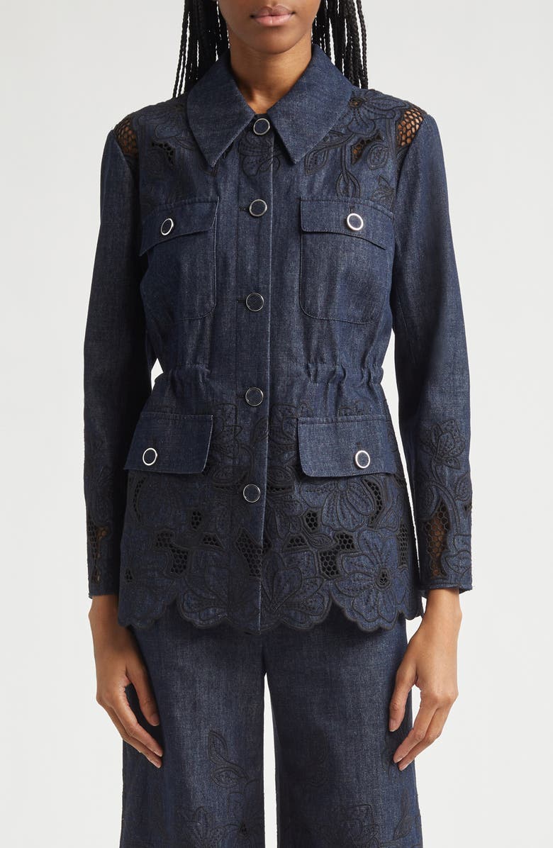 Veronica Beard Kiki Embroidered Chambray Jacket, Main, color, Indigo Rinse