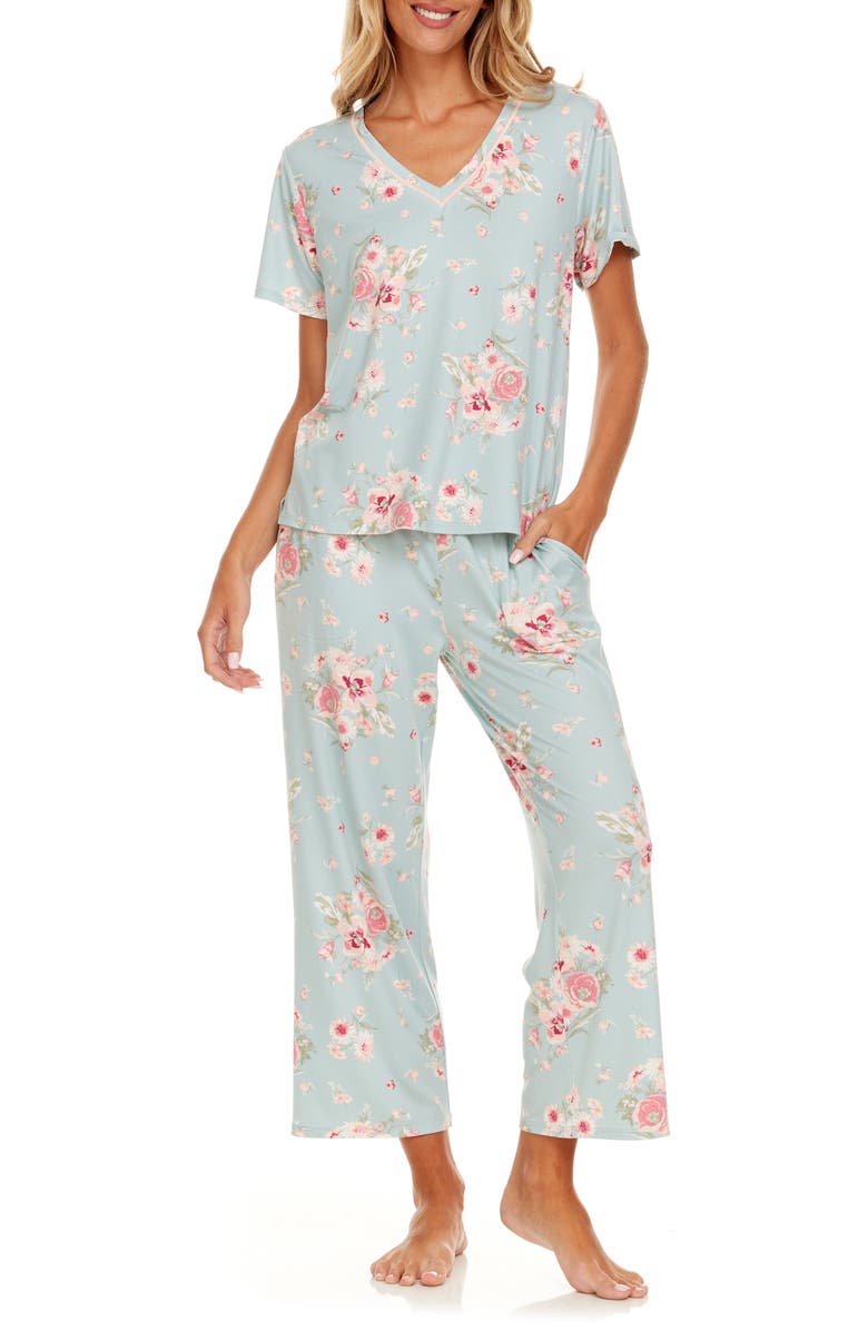 Flora By Flora Nikrooz Nancy Floral Short Sleeve Top & Capri Pants Pajamas, Main, color, 
