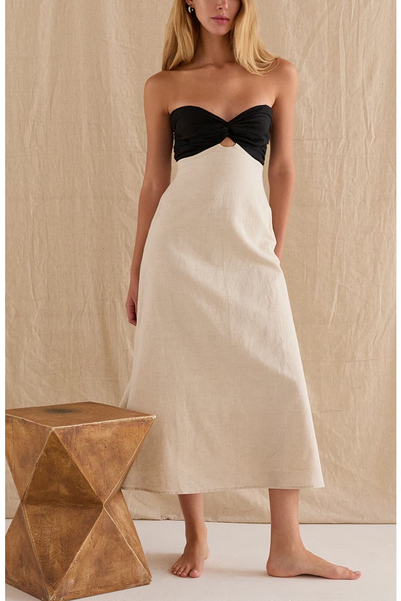Colorblock Front Twist Linen Midi Dress, Alternate, color, Black/Oatmeal