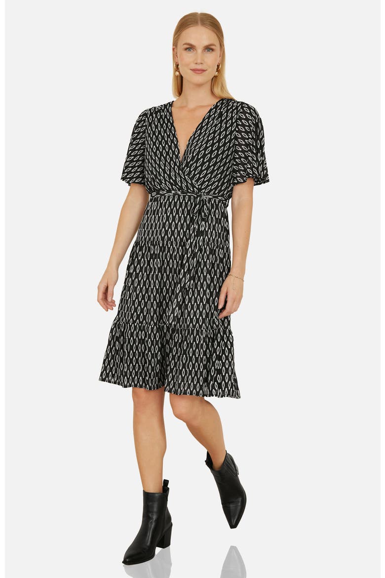 Short Sleeve Tie Waist Midi Skater Dress, Alternate, color, Black