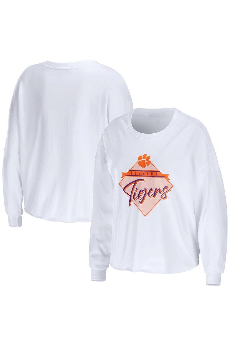 Women's WEAR by Erin Andrews White Clemson Tigers Diamond Long Sleeve Cropped T-Shirt, Main, color, White