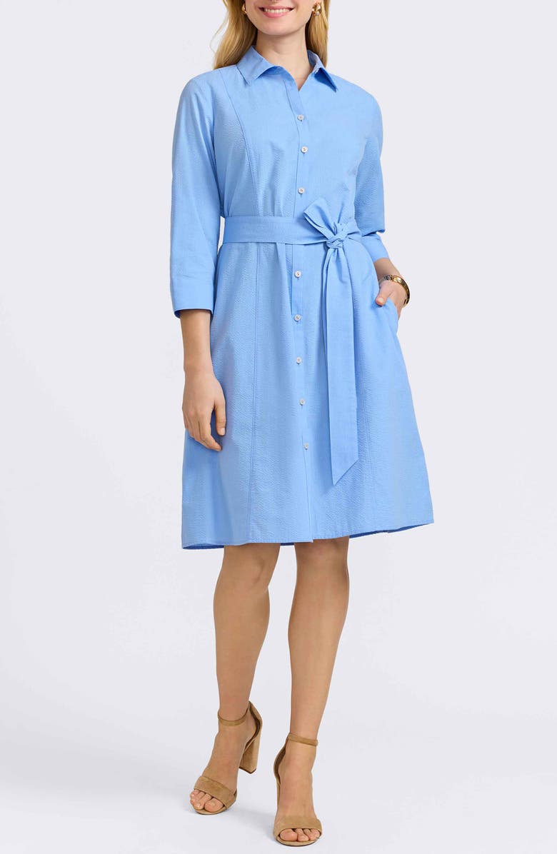 Foxcroft Fiona Belted Seersucker Shirtdress, Main, color, Lake Blue