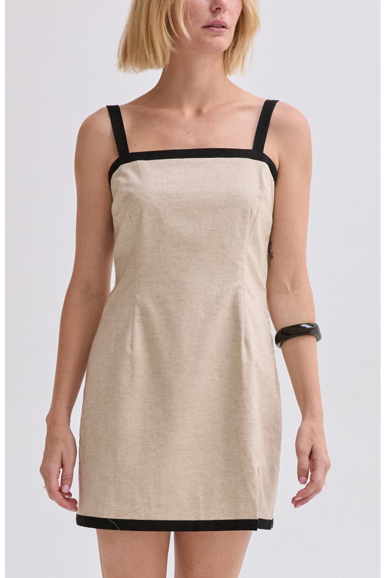 Contrast Trim Linen Blend Mini Dress, Main, color, Oatmeal/Black