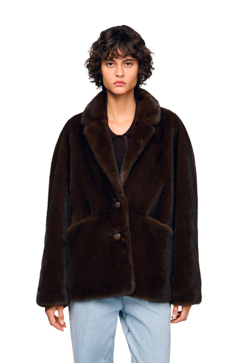 SANDRO Jacket-style faux fur coat, Main, color, Black Brown