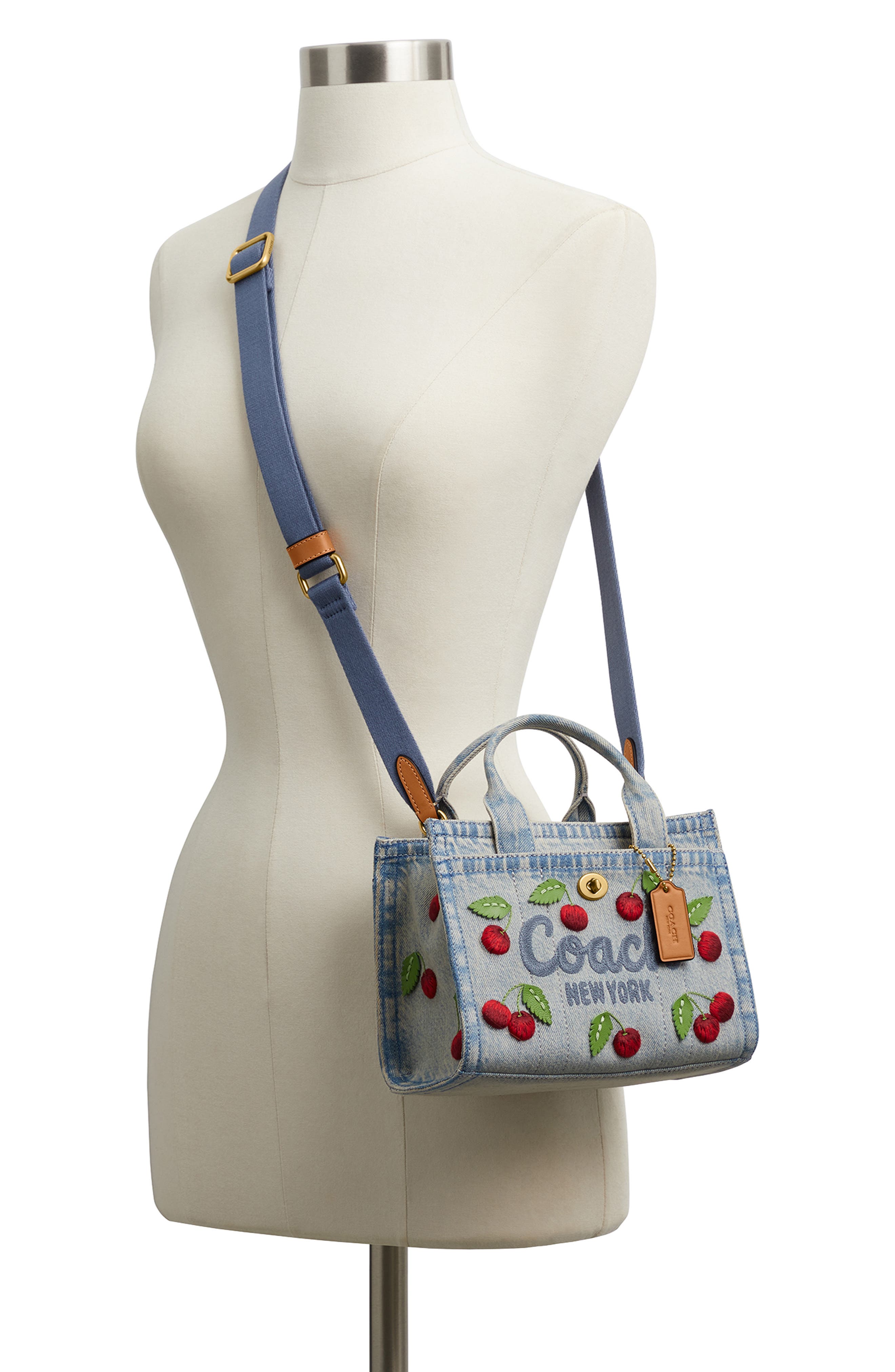 COACH Cherry Embroidered Denim Cargo Tote, Alternate, color, Denim Multi