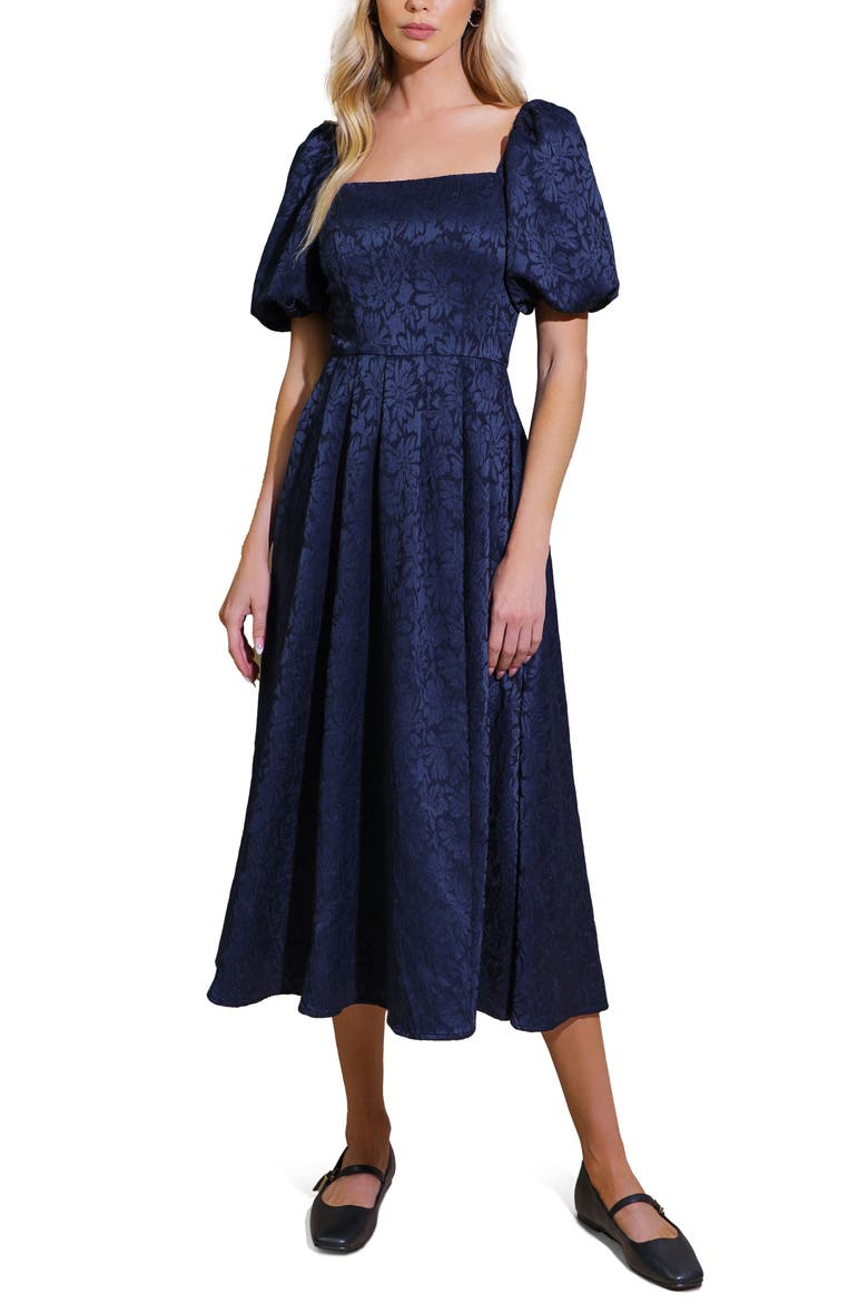 Puff Sleeve Midi Dress, Main, color, NAVY