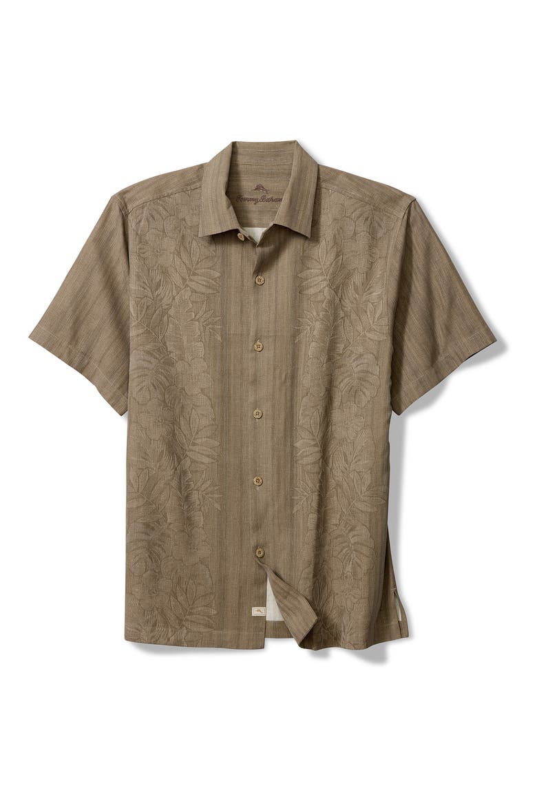 Maui Border Silk Short Sleeve Button-Up Shirt, Alternate, color, SOFT BROWN