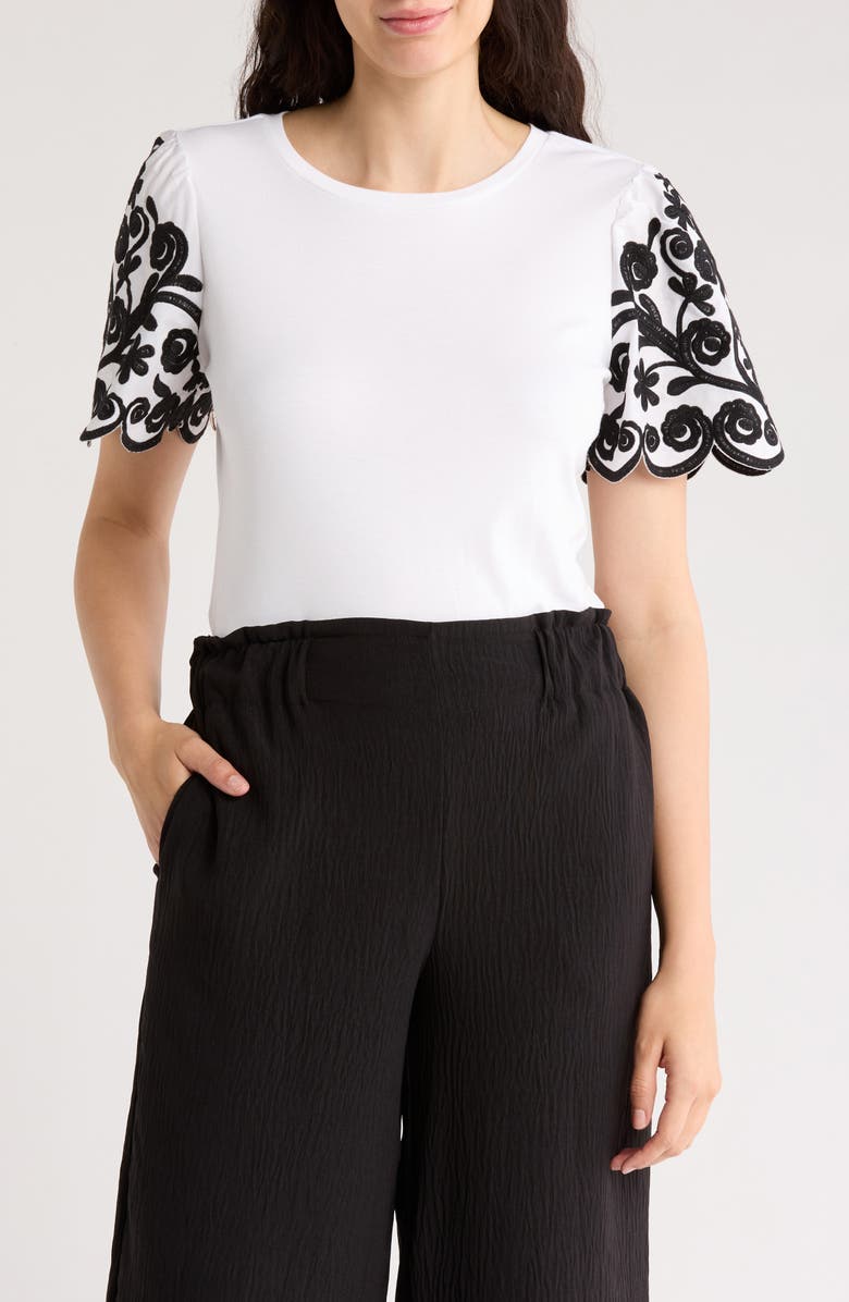 T Tahari Floral Embroidered Sleeve T-Shirt, Main, color, White/ Black