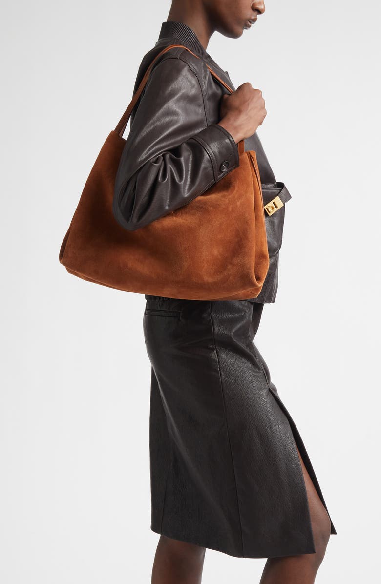 FERRAGAMO Medium Lily Suede Tote, Alternate, color, Natural Resort