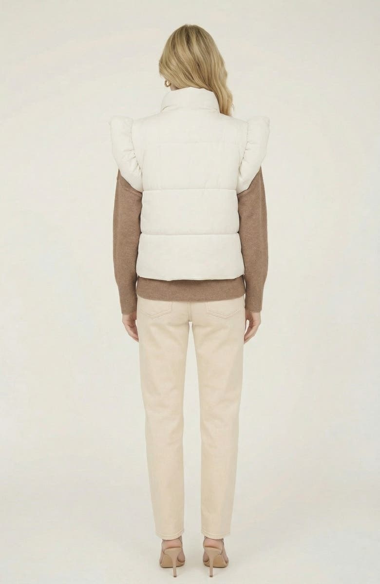 Modenaire Ruffle Shoulder Puffer Vest with Front Tie Closures and Stand Collar, Alternate, color, White