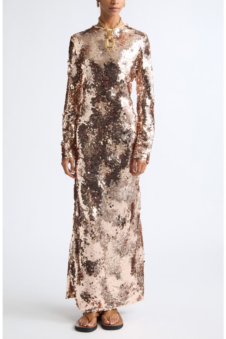 Long Sleeve Sequin Evening Dress, Main, color, ROSE GOLD / YELLOW
