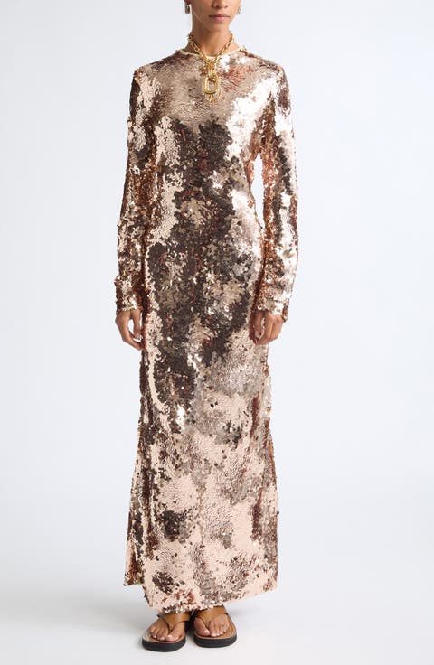 Long Sleeve Sequin Evening Dress