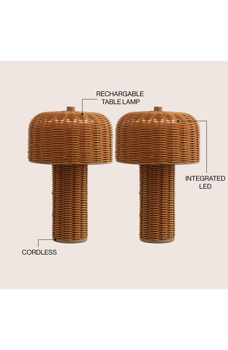 JONATHAN Y 10" Indoor/Outdoor Wicker Rechargeable/Cordless Dimmable LED Table Lamp, Alternate, color, Light Brown Brown