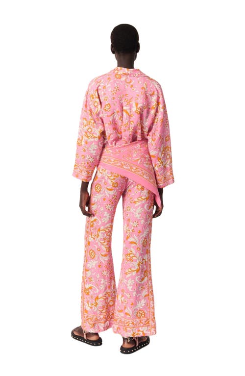 Maje Patterned Flowing Linen Shirt In Orange Pink Flowers Print