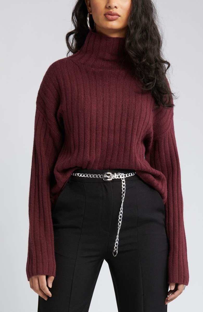 Open Edit Women's Cotton Blend Rib Funnel Neck Sweater, Main, color, Burgundy London