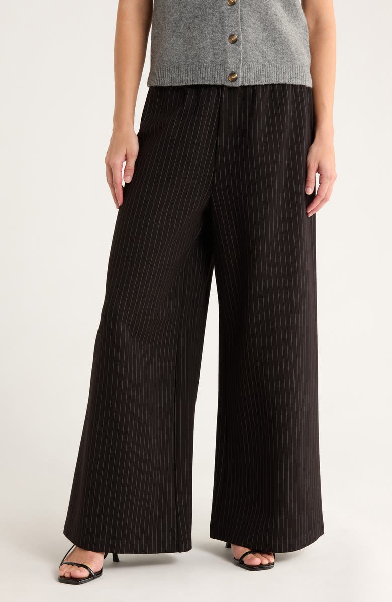 French Connection Pinstripe Ponte Wide Leg Pants, Main, color, Black Pinstripe