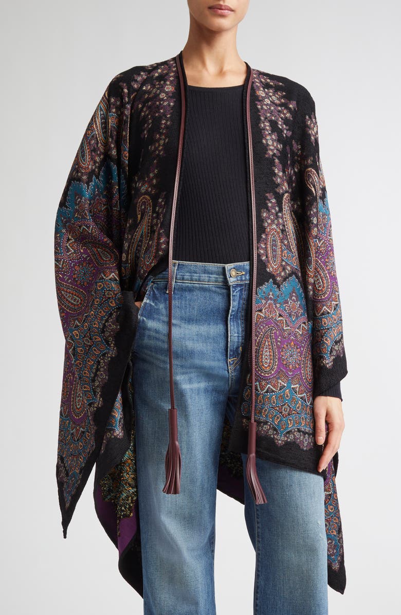 Etro Metallic Paisley Jacquard Cape, Alternate, color, X0886 Print On Blue Base