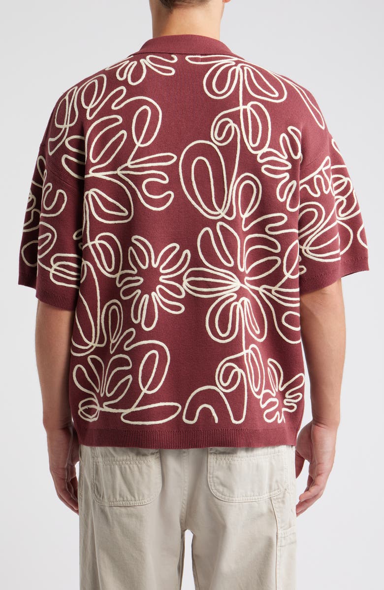 Topman Floral Embroidered Knit Camp Shirt, Alternate, color, Burgundy