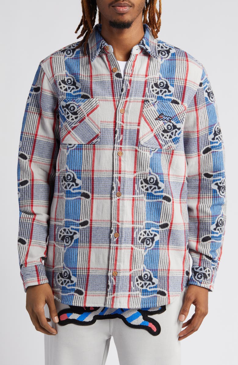 ICECREAM Harry Running Dog Plaid Flannel Button-Up Shirt, Alternate, color,