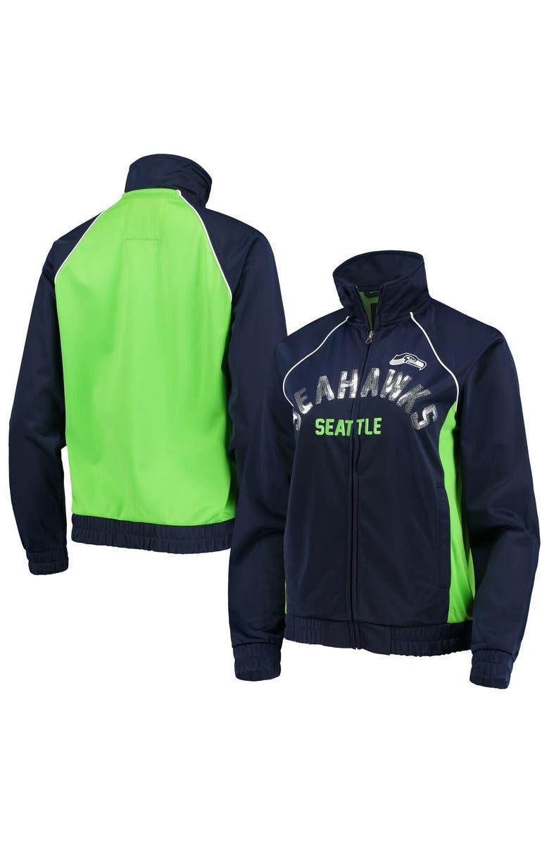 G-III 4HER BY CARL BANKS Women's G-III 4Her by Carl Banks College Navy/Neon Green Seattle Seahawks Backfield Raglan Full-Zip Track Jacket, Main, color, 