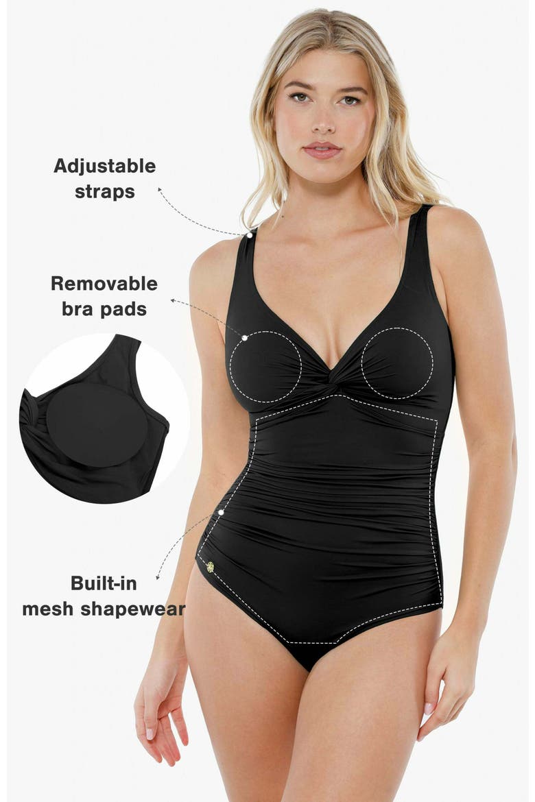 Shapewear Twist-Front Ruched Sultry Vacation & Pool Party One-Piece Swimsuit, Alternate, color, Classic Black
