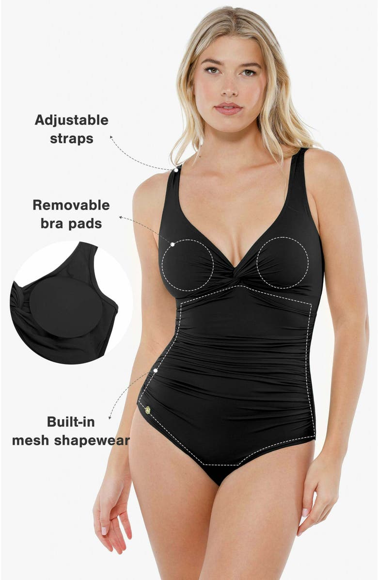 Popilush Shapewear Twist-Front Ruched Sultry Vacation & Pool Party One-Piece Swimsuit, Alternate, color, Classic Black
