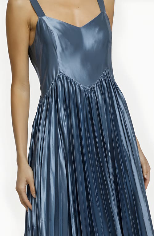 Modenaire Shiny Pleated Midi Dress With Sweetheart Neckline And Wide Straps In Blue