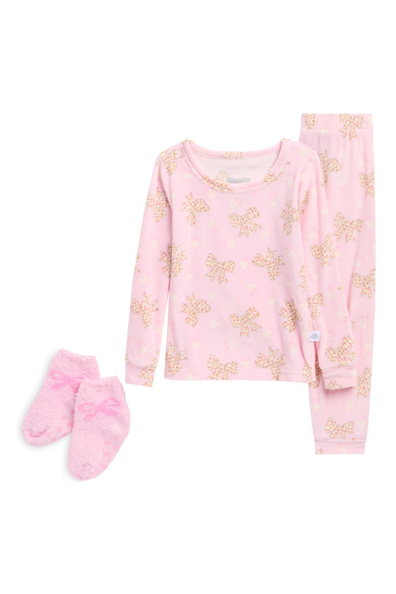 Kids' Bow Velour 2-Piece Fitted Pajamas & Socks Set, Main, color, PINK