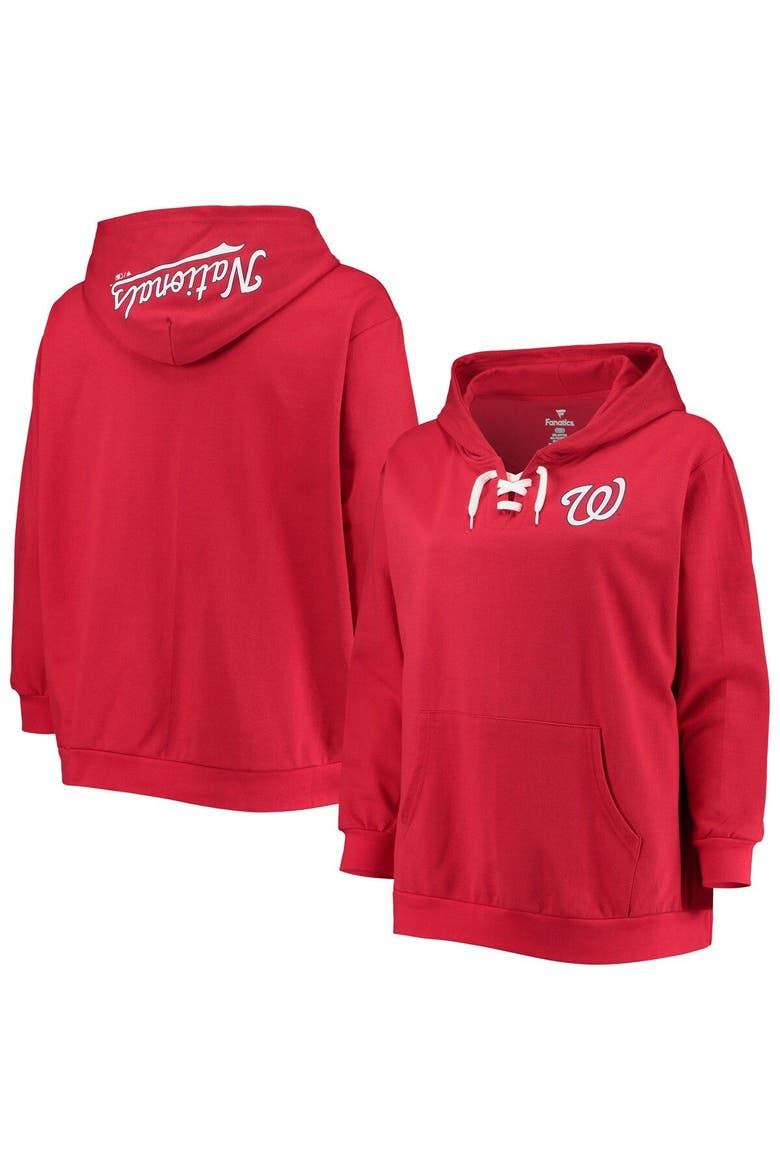 Women's Red Washington Nationals Plus Size Lace-Up V-Neck Pullover Hoodie, Main, color, Red
