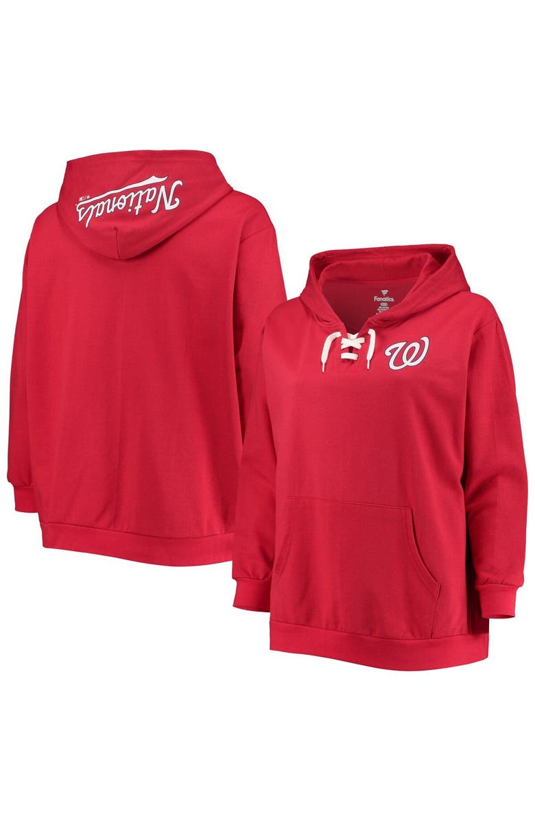 PROFILE Women's Red Washington Nationals Plus Size Lace-Up V-Neck Pullover Hoodie, Main, color, Red