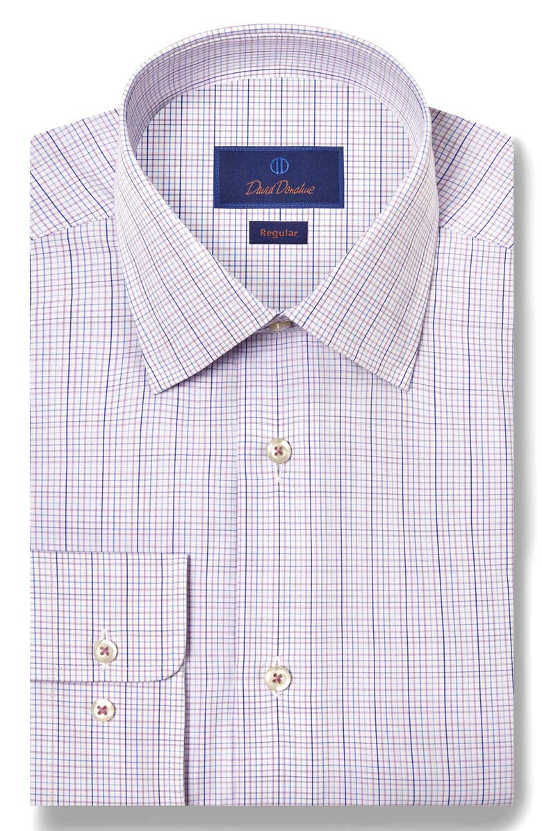 David Donahue Regular Fit Check Print Cotton Dress Shirt, Main, color, Purple/ Multi