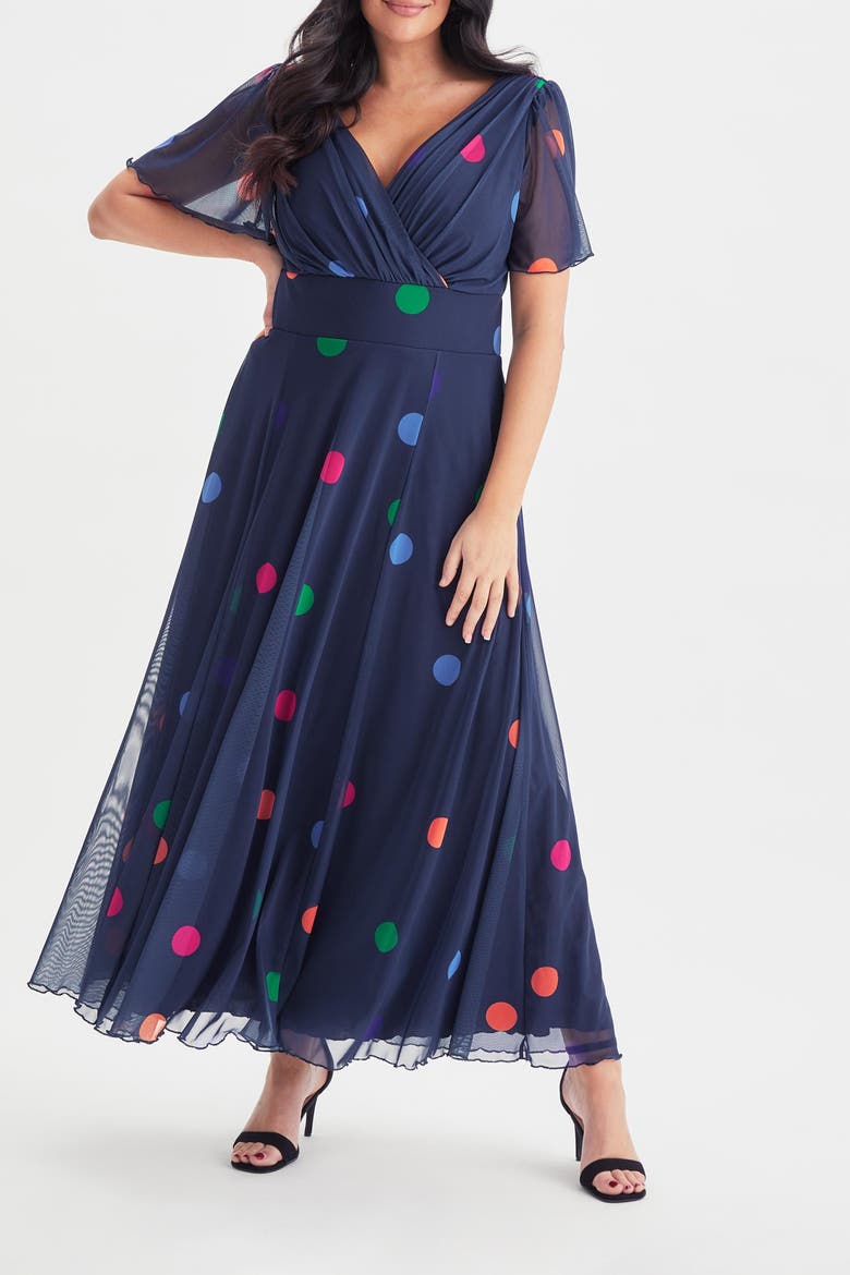 Isabelle Short Sleeve V-Neck Maxi Dress, Alternate, color, Navy Polka