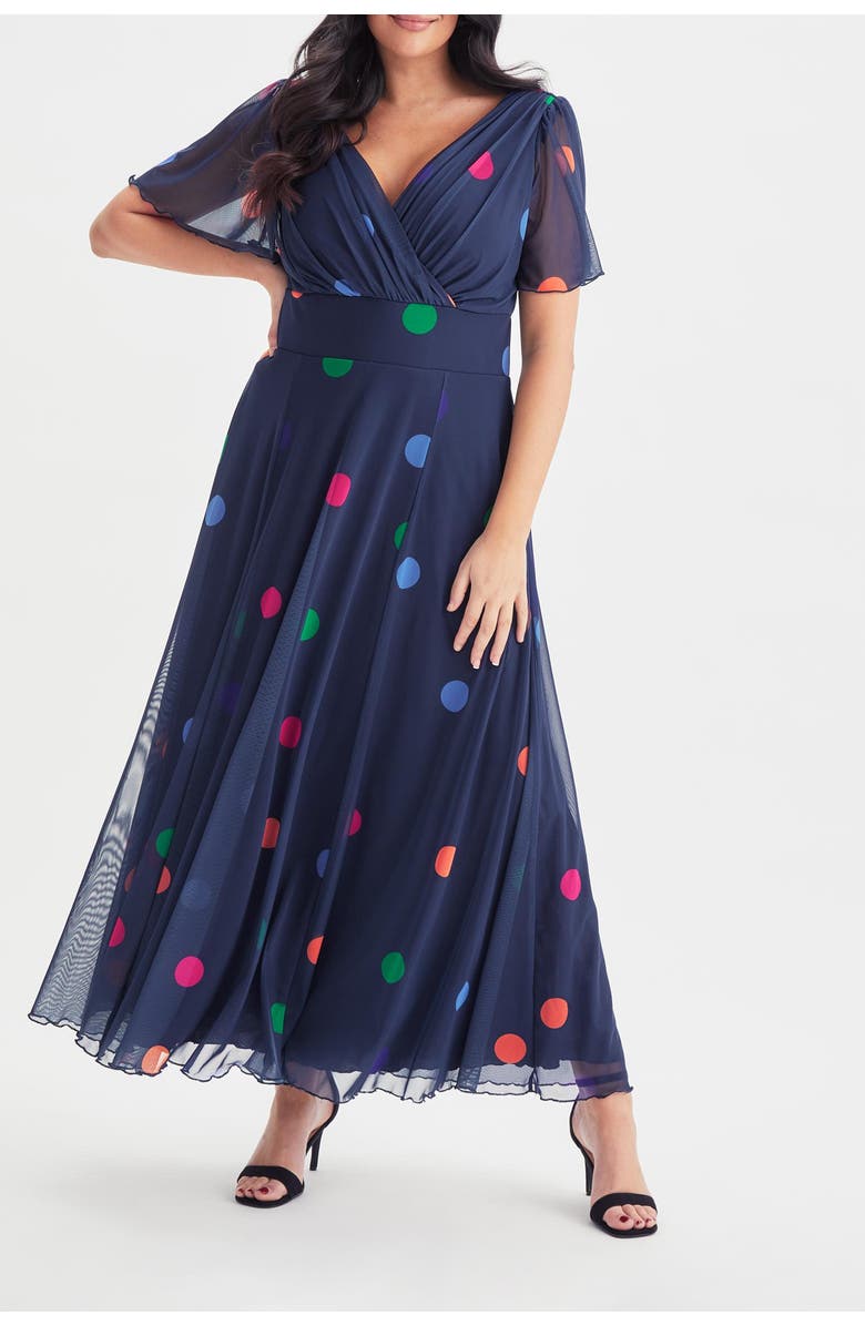 Scarlett & Jo Isabelle Short Sleeve V-Neck Maxi Dress, Alternate, color, Navy Polka