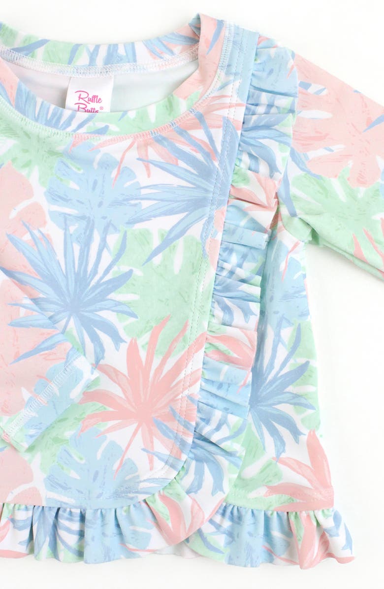 RuffleButts Pastel Palms Ruffle Long Sleeve Two-Piece Rashguard Swimsuit & Hat Set, Alternate, color, 