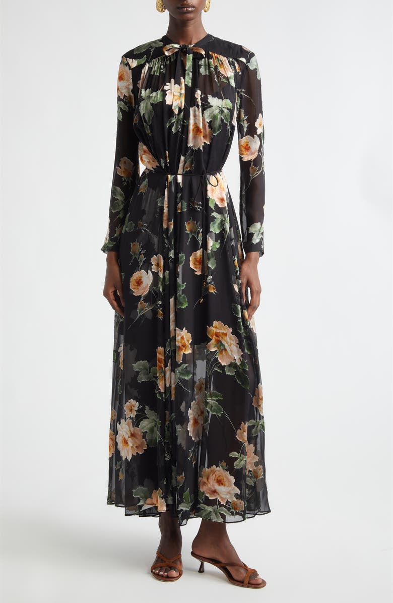 Zimmermann Luna Floral Long Sleeve Silk Burnout Maxi Dress, Main, color, Black Rose