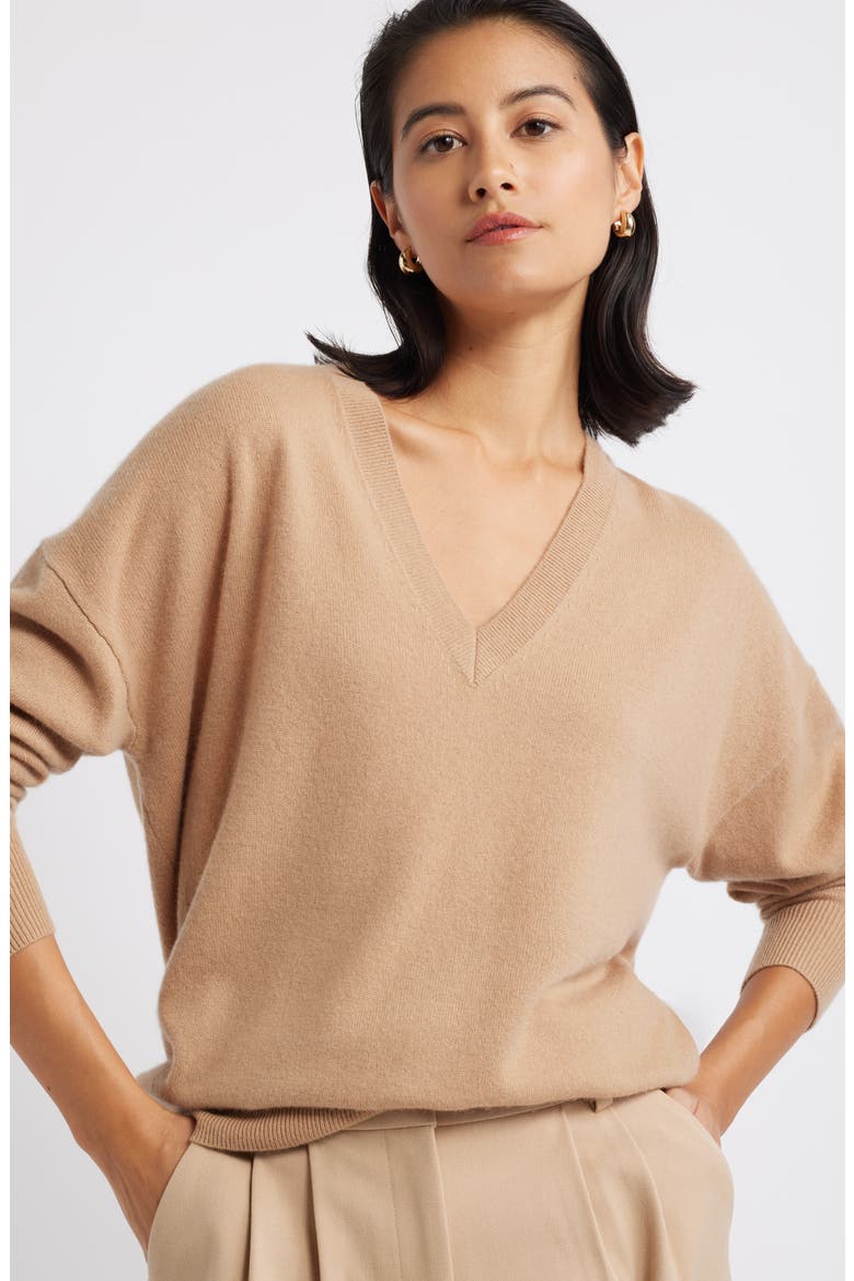 Cashmere V-Neck Sweater, Alternate, color, CAMEL