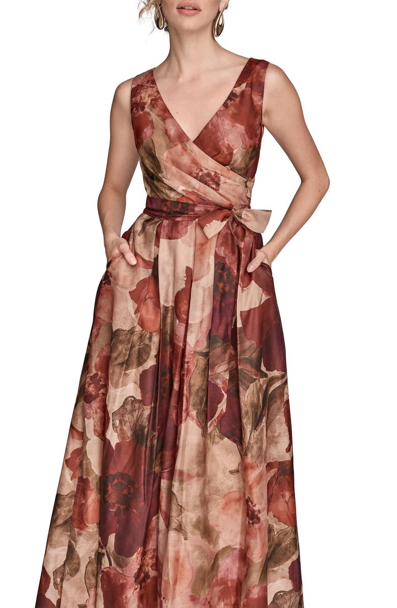 Donna Karan New York Floral Wrap Front A-Line Gown, Alternate, color, Rohdndrn M