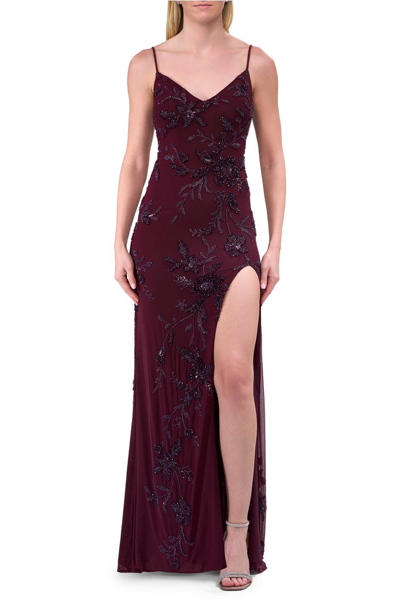 Beautiful Beaded Evening Gown with V Neckline and Open Back, Main, color, Dark Berry