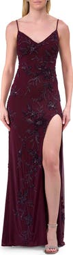 La Femme Beautiful Beaded Evening Gown with V Neckline and Open Back