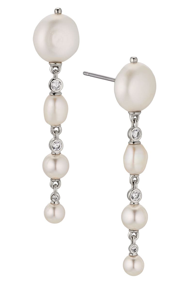 Siren Cultured Pearl Linear Drop Earrings, Main, color, RHODIUM