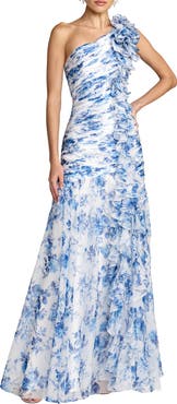 Mac Duggal Petite Ruched Floral Chiffon Gown With 3D Ruffles